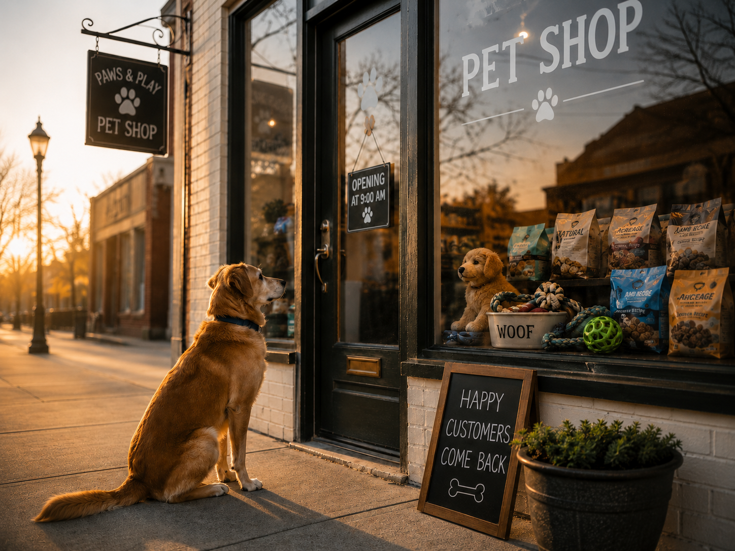 A dog waiting outside a pet shop at sunrise beside a chalkboard reading Happy Customers Come Back