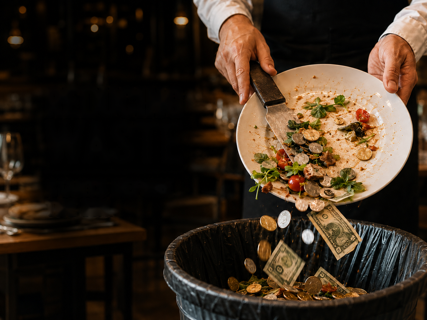 Restaurant staff scraping leftover food and coins into a trash bin, illustrating food waste and lost profit