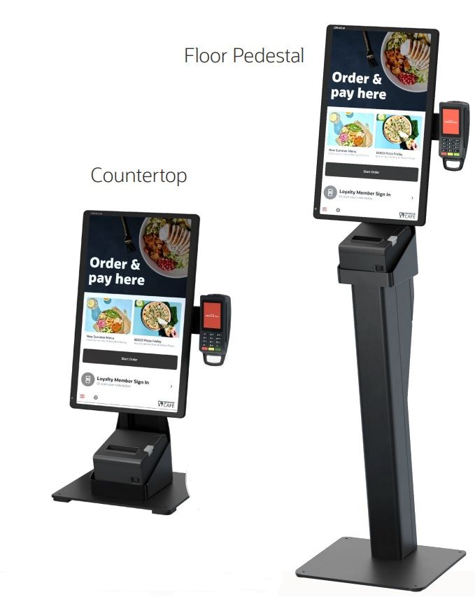 Oracle MICROS Self-Service Kiosk in countertop and floor pedestal formats
