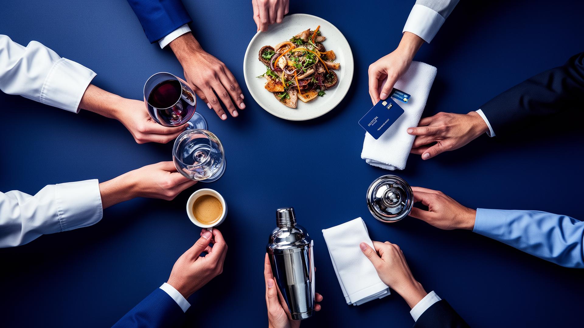 Hospitality team holding wine glass, food plate, towel and other service items